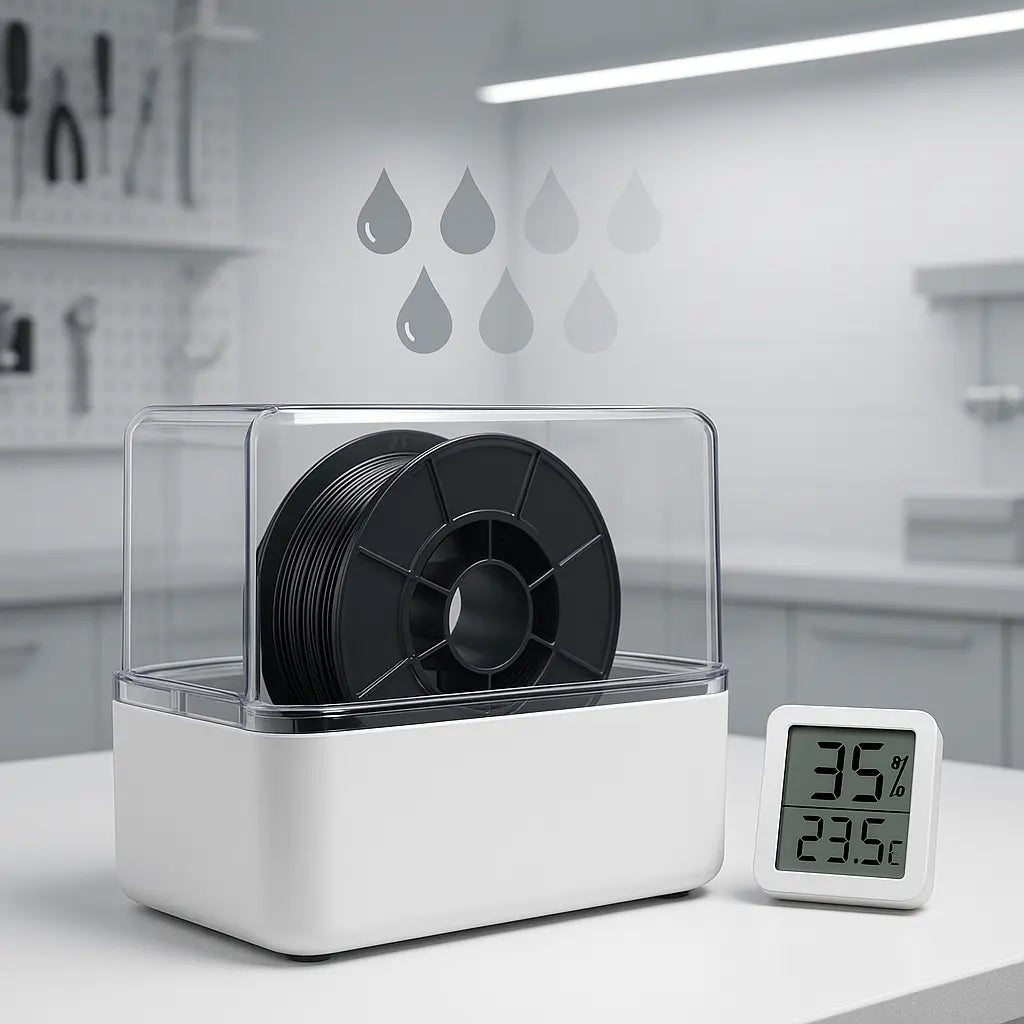 3D printing filament dryer setup with humidity meter — Forgely drying guide