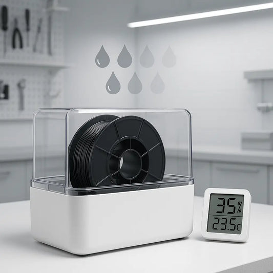 3D printing filament dryer setup with humidity meter — Forgely drying guide