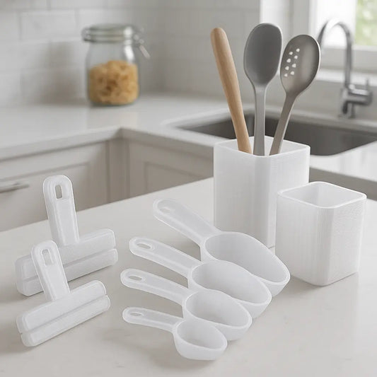 PETG 3D printed kitchen tools on countertop — Forgely print ideas