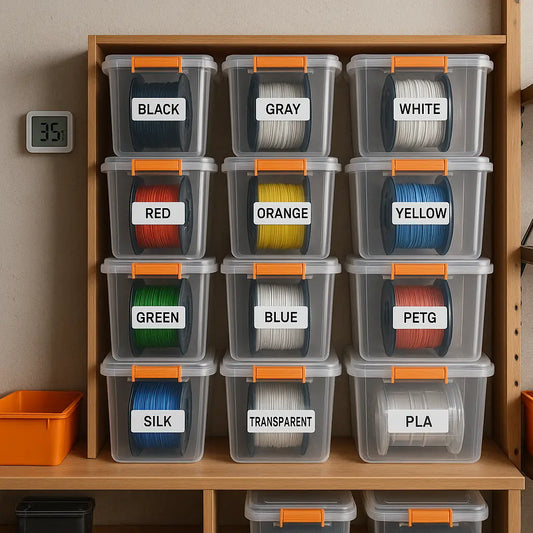 organized 3D printer filament storage setup with airtight bins — Forgely shop