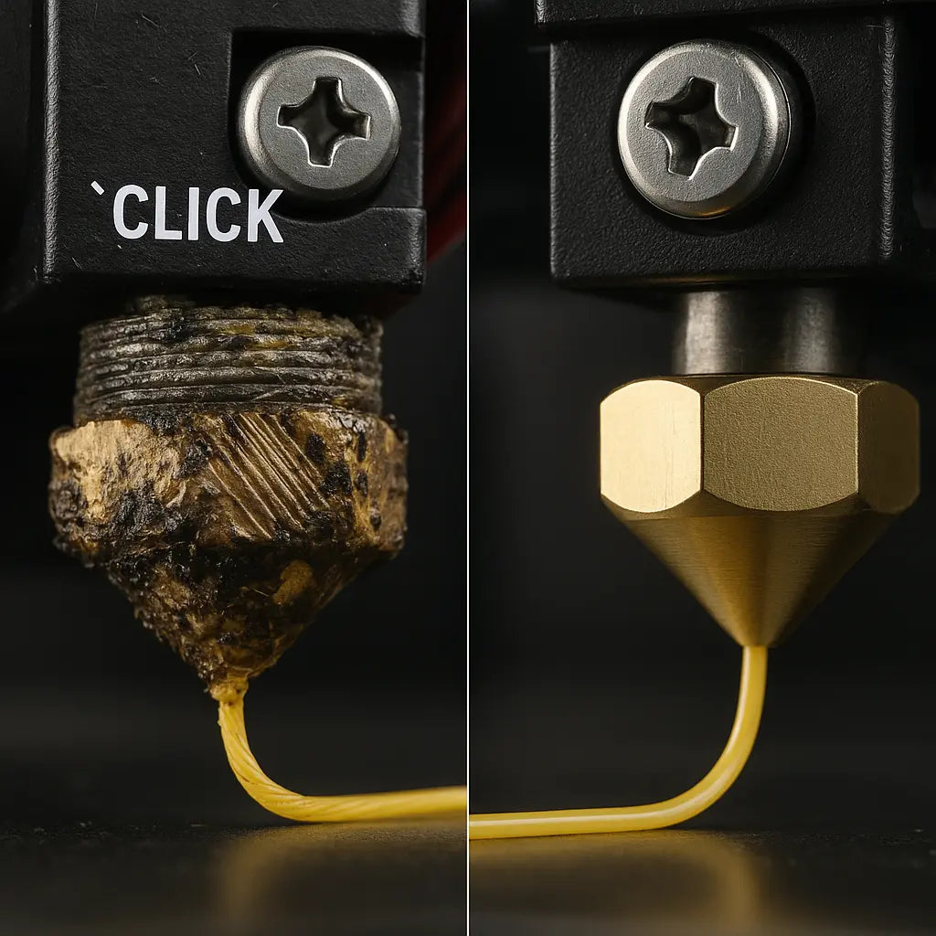 clogged 3D printer nozzle and extruder clicking visual comparison