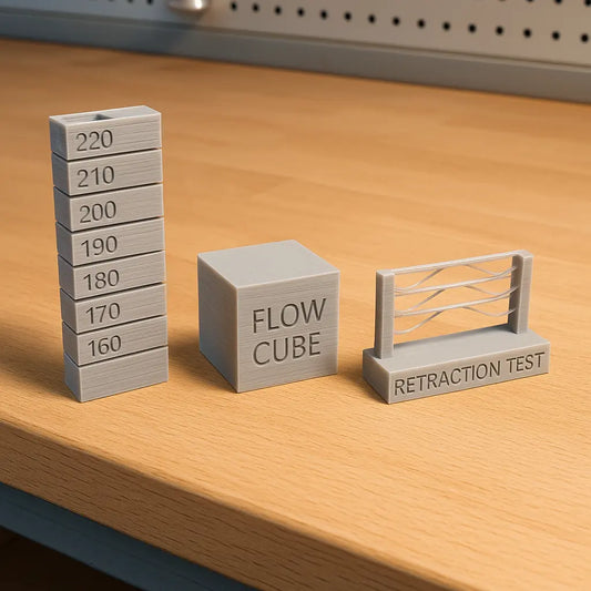 common 3D printer calibration test prints on a workbench