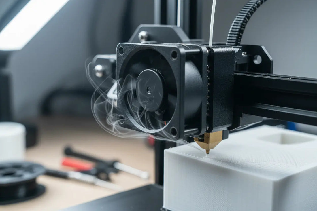 3D printer cooling fan directing airflow during FDM printing