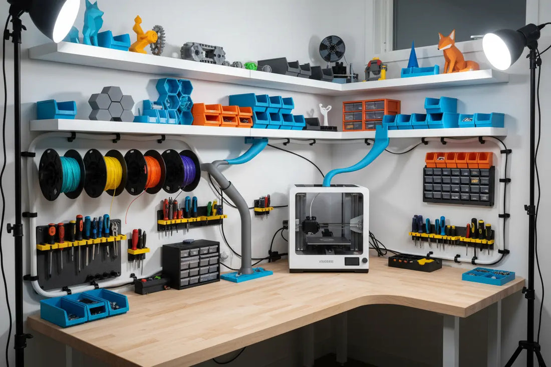 organized 3D printing workspace using printed accessories