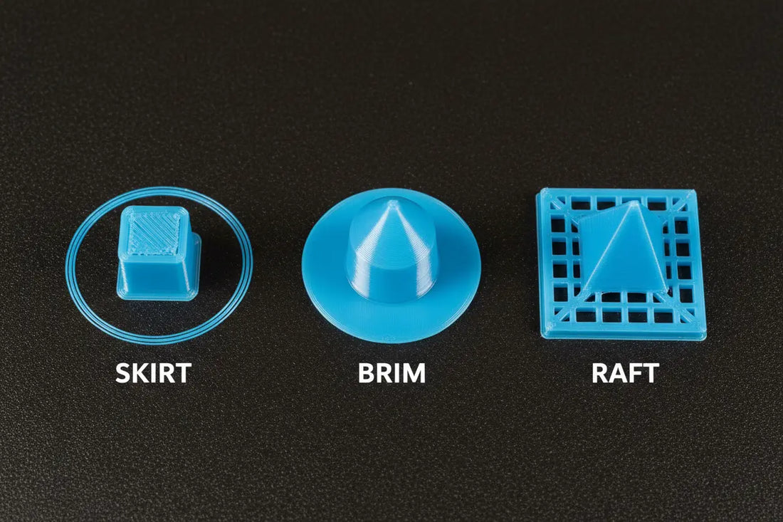 skirt vs brim vs raft adhesion methods on a 3D printer build plate