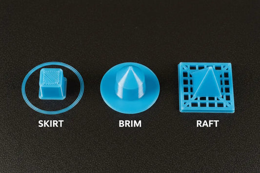 skirt vs brim vs raft adhesion methods on a 3D printer build plate