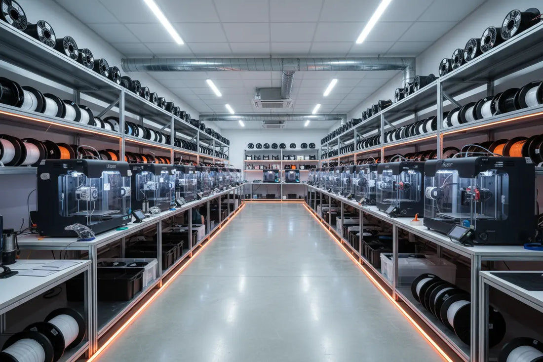 3D printing farm with multiple printers running — Forgely operations